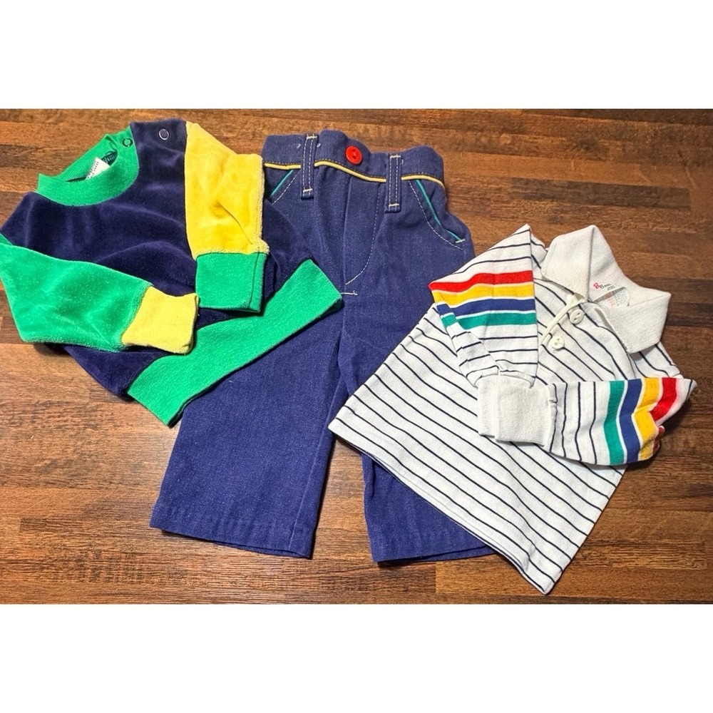 Vintage 80s lot. Jeans & striped collar shirt w/ velour crew neck.  Size 6 month